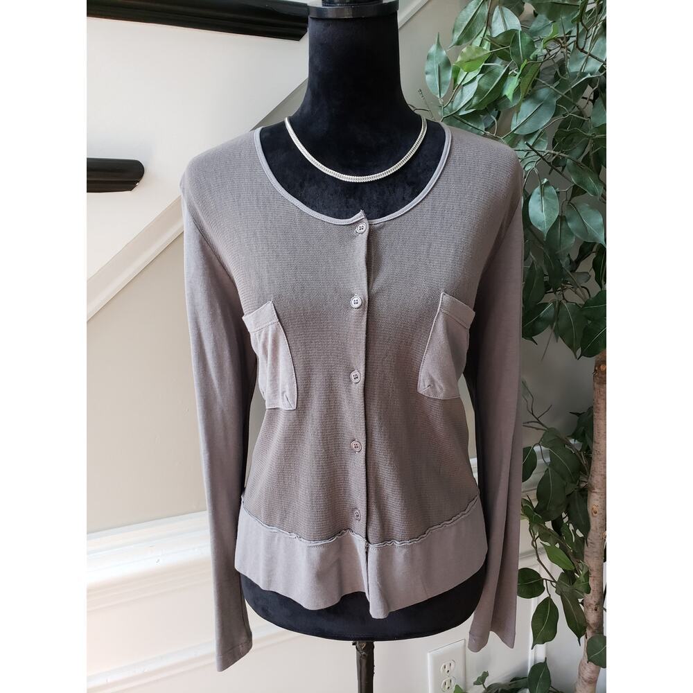Luna Sweater Womens Gray Mesh Knit Long Sleeve Chest Pockets Button Front M